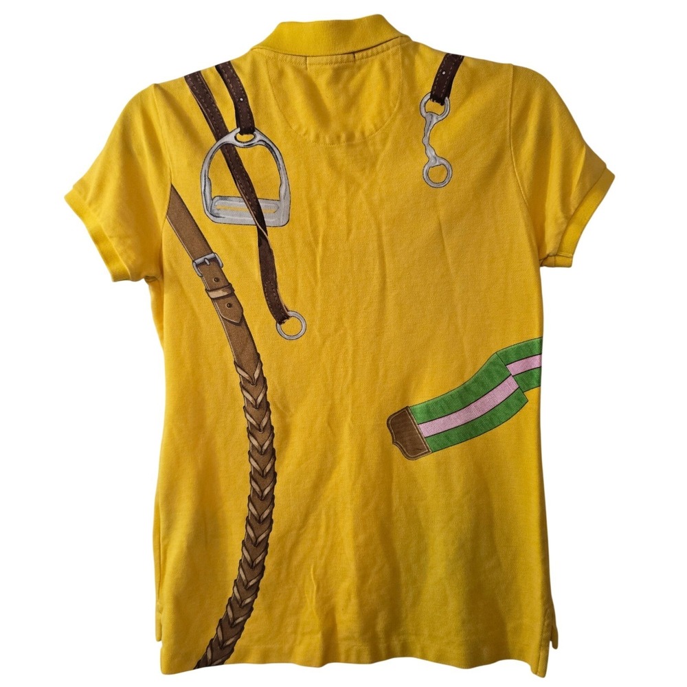 Ralph Lauren The Skinny Polo Yellow Equestrian Stirrup Print Shirt Womens M - Picture 6 of 8